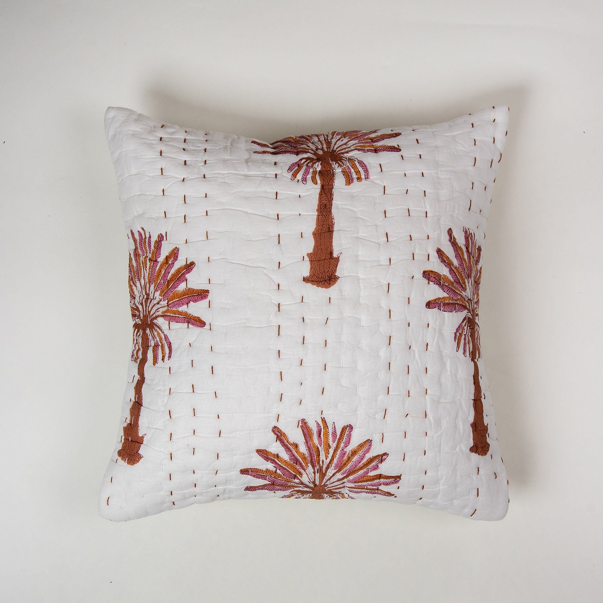 Luxury Brown Palm Tree Printed Kantha Quilted Cushion Pattern
